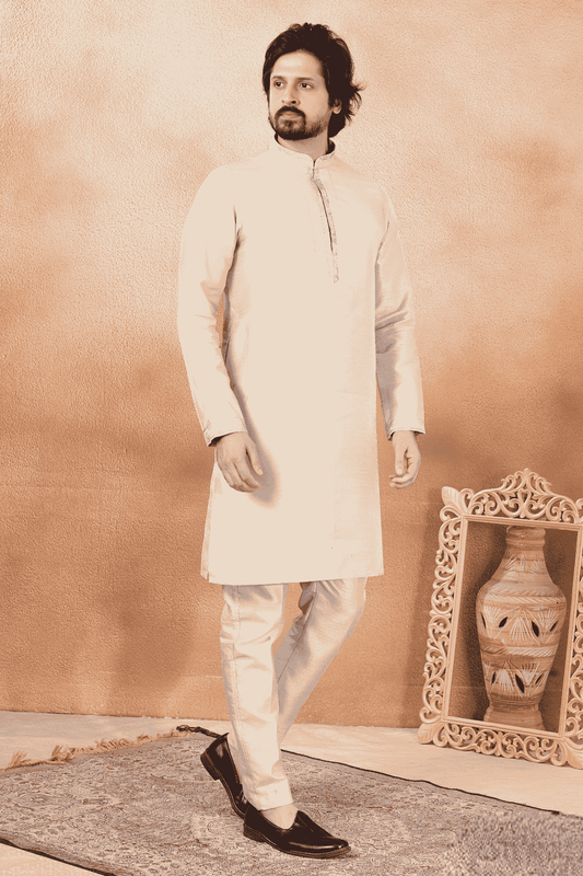 Beige Colour Art Silk Pintux Work Kurta Pajama