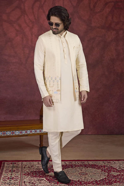 Beige Colour Art Silk Pintux Work Kurta Pajama With Jacket
