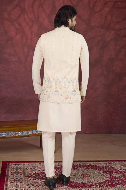Beige Colour Art Silk Pintux Work Kurta Pajama With Jacket