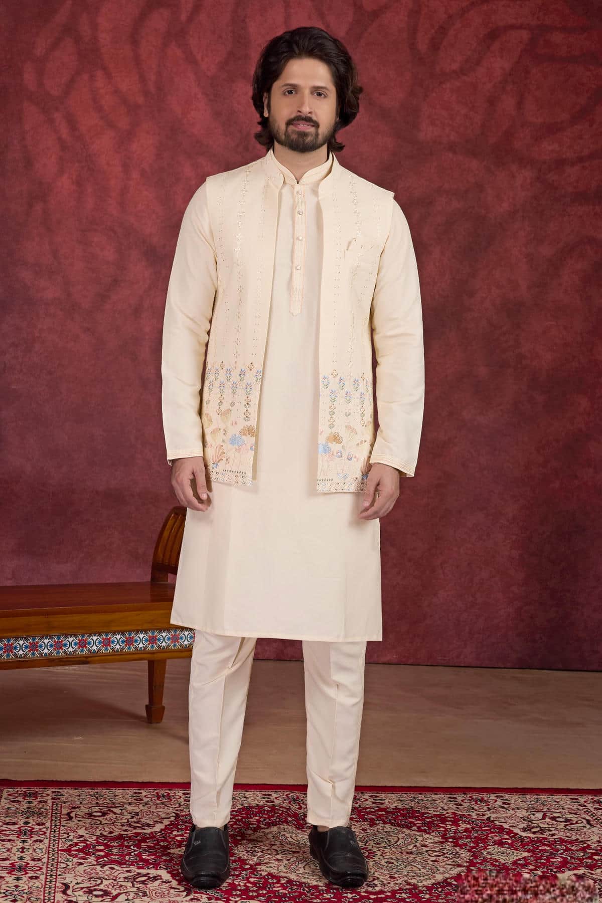 Beige Colour Art Silk Pintux Work Kurta Pajama With Jacket