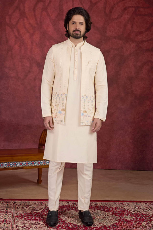 Beige Colour Art Silk Pintux Work Kurta Pajama With Jacket