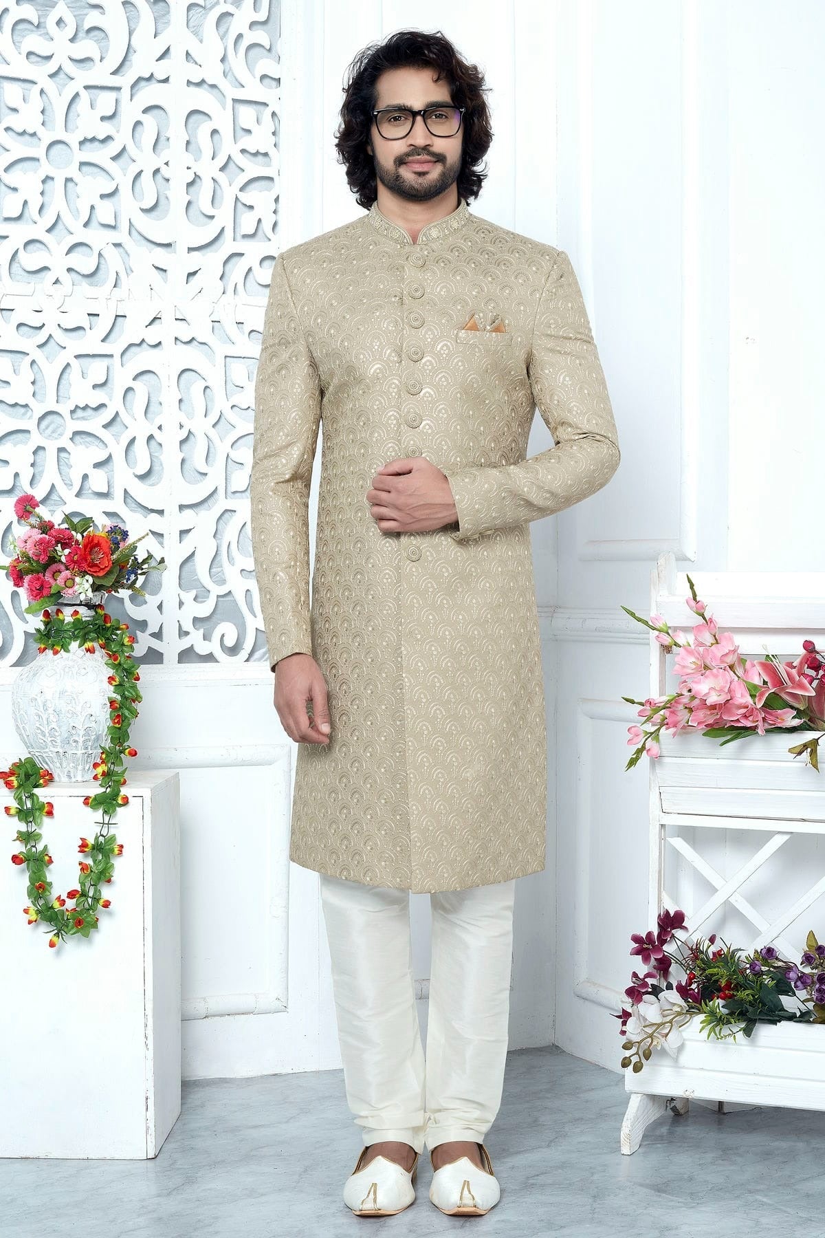 Beige Colour Art Silk Sherwani With Churidar Pant SH1230061 A