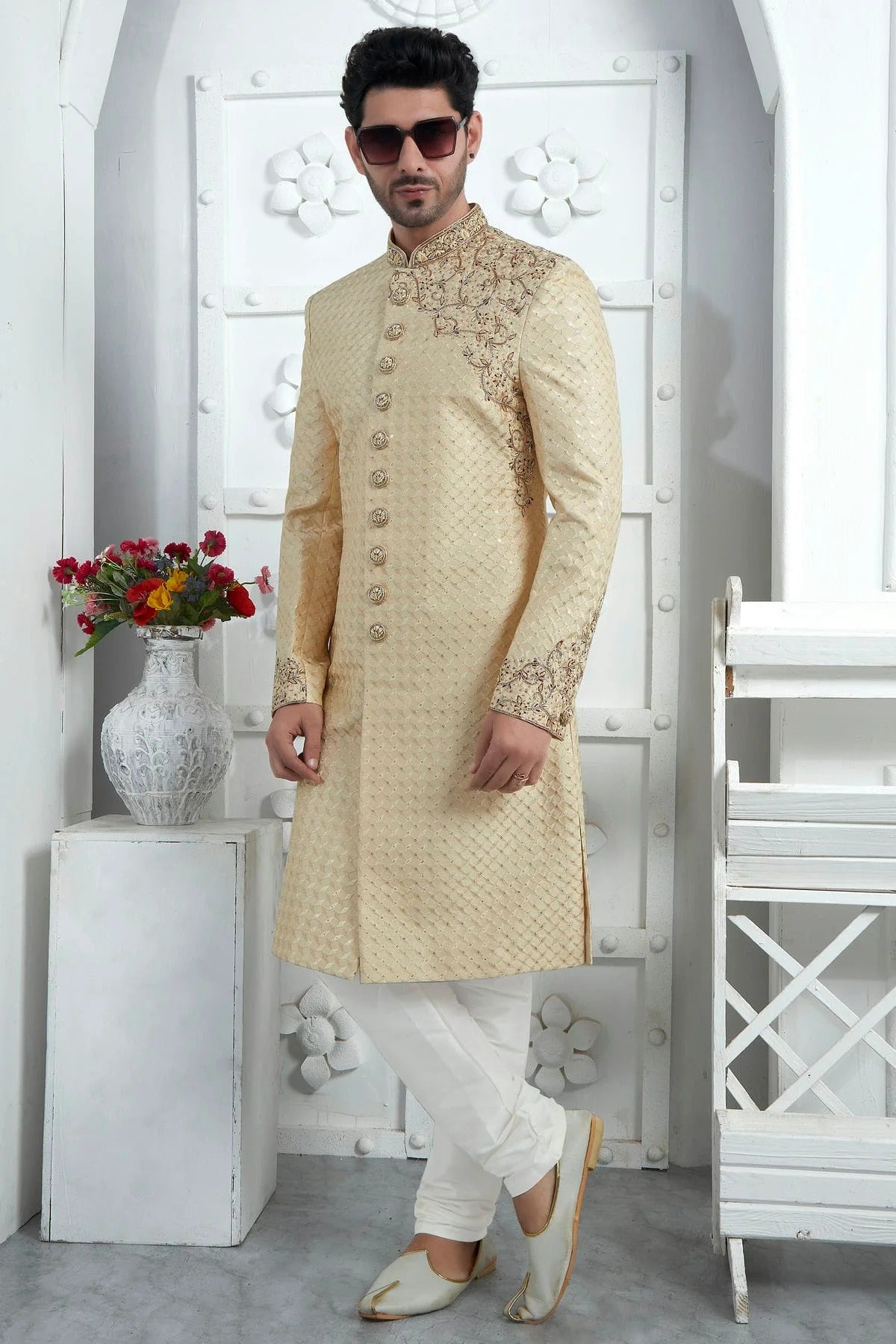 Beige Colour Art Silk Sherwani With Churidar Pant SH1230073 A