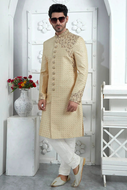 Beige Colour Art Silk Sherwani With Churidar Pant SH1230073 A