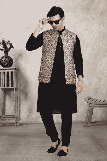 Beige Colour Banarasi Silk Digital Printed Kurta Pajama With Jacket