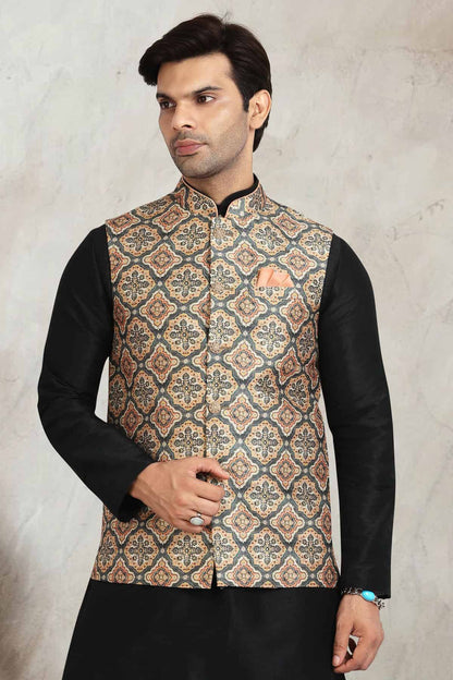 Beige Colour Banarasi Silk Digital Printed Kurta Pajama With Jacket