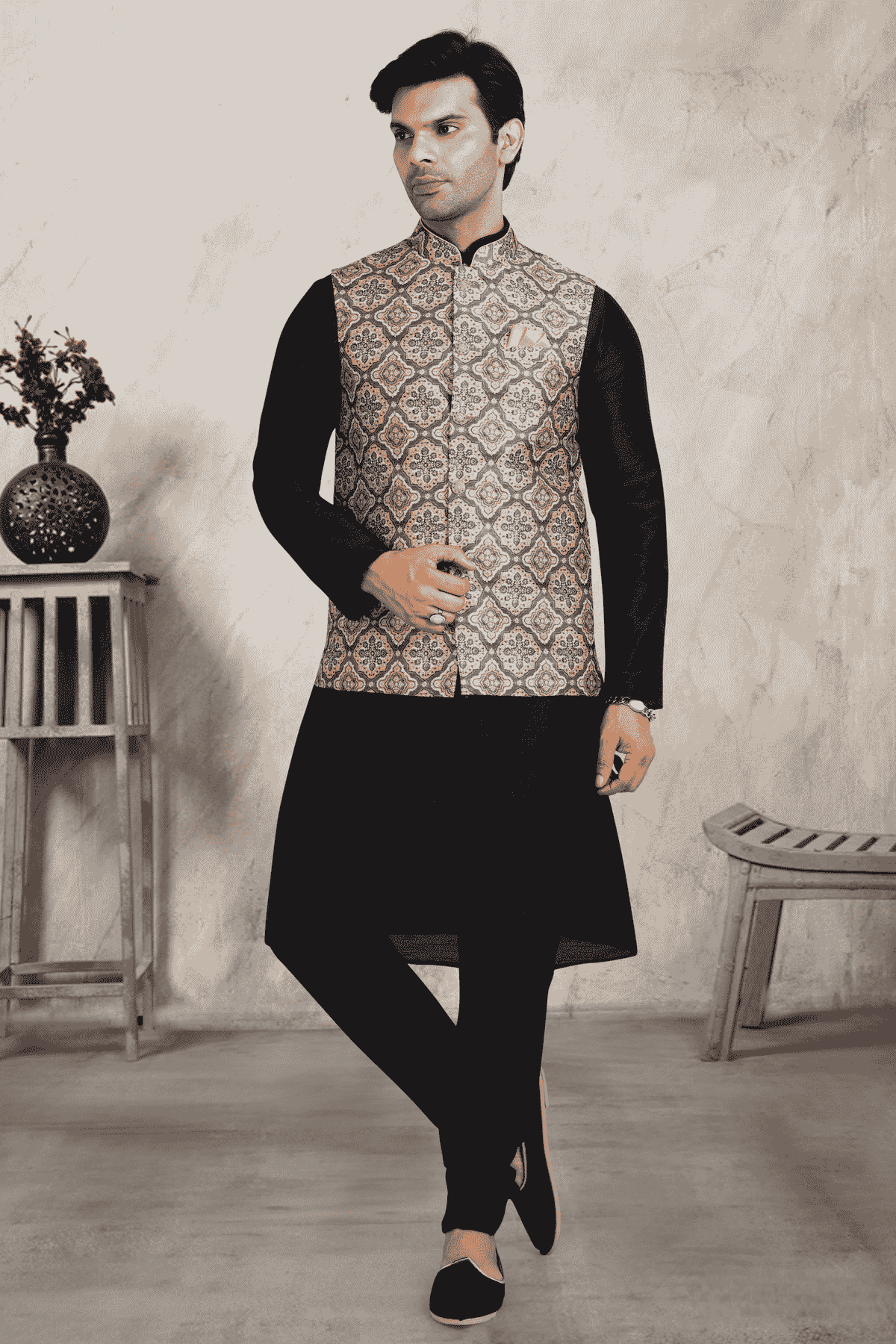 Beige Colour Banarasi Silk Digital Printed Kurta Pajama With Jacket