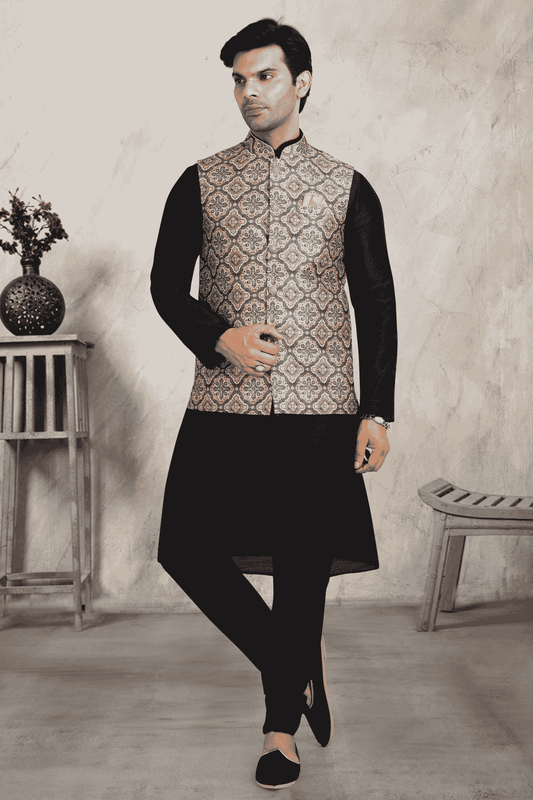 Beige Colour Banarasi Silk Digital Printed Kurta Pajama With Jacket