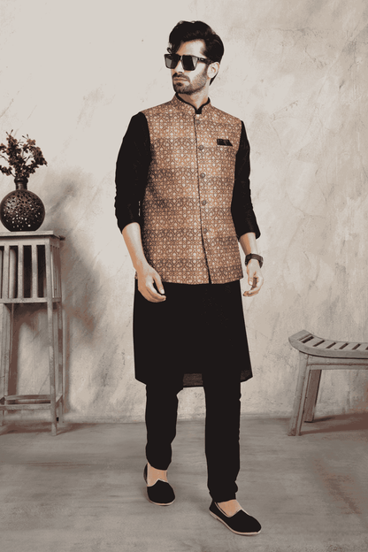 Beige Colour Banarasi Silk Digital Printed Kurta Pajama With Jacket