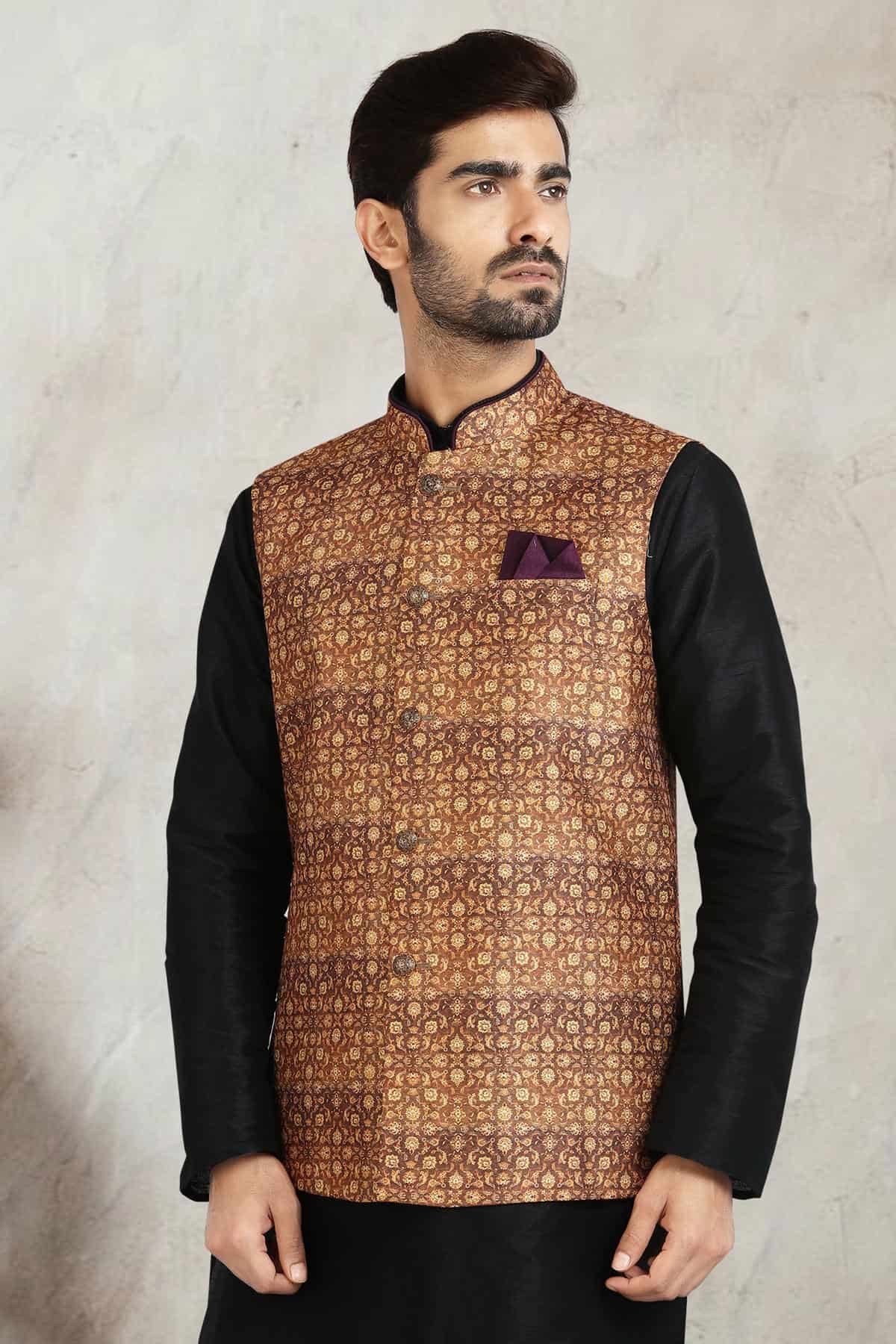 Beige Colour Banarasi Silk Digital Printed Kurta Pajama With Jacket