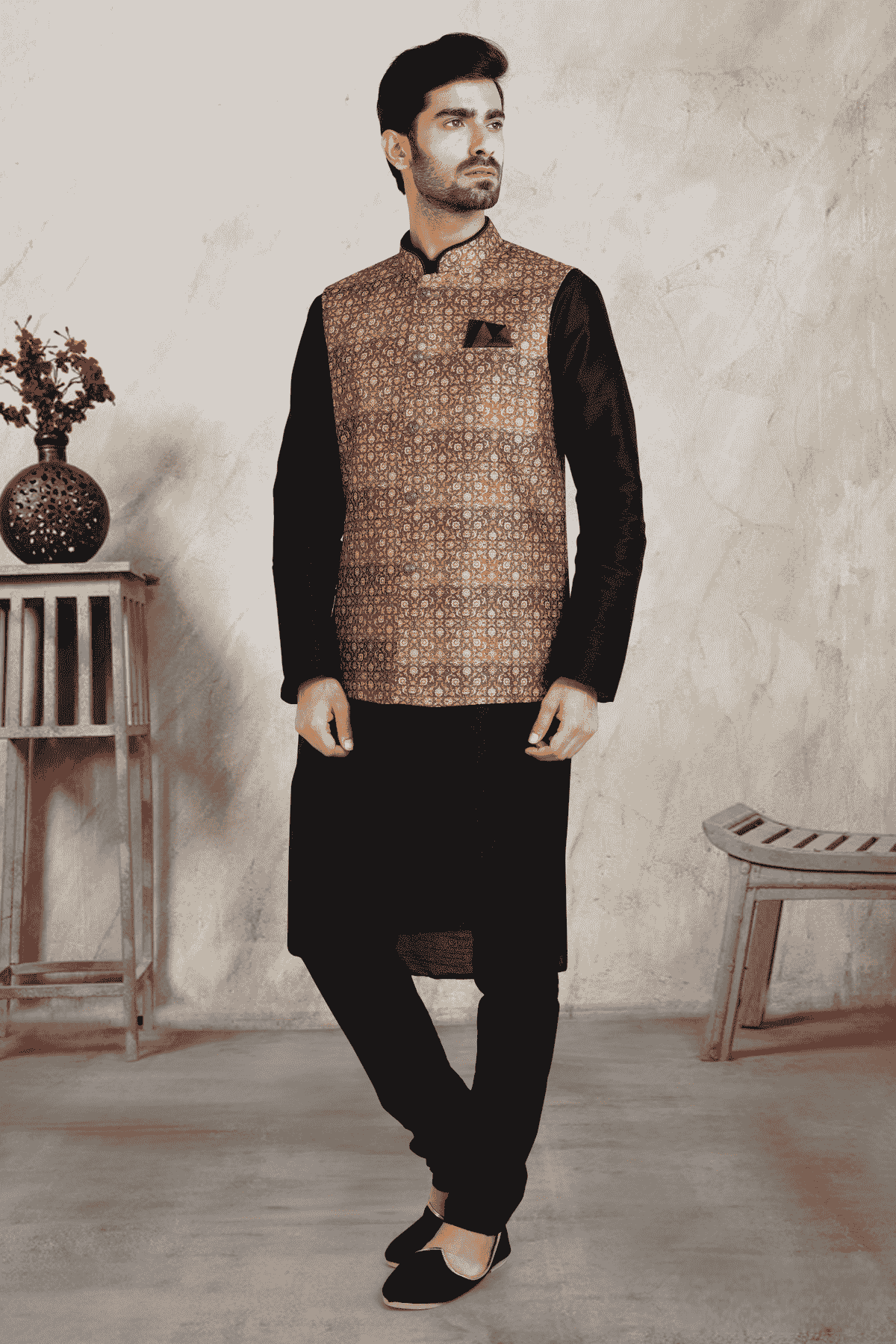 Beige Colour Banarasi Silk Digital Printed Kurta Pajama With Jacket