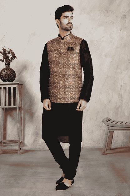 Beige Colour Banarasi Silk Digital Printed Kurta Pajama With Jacket