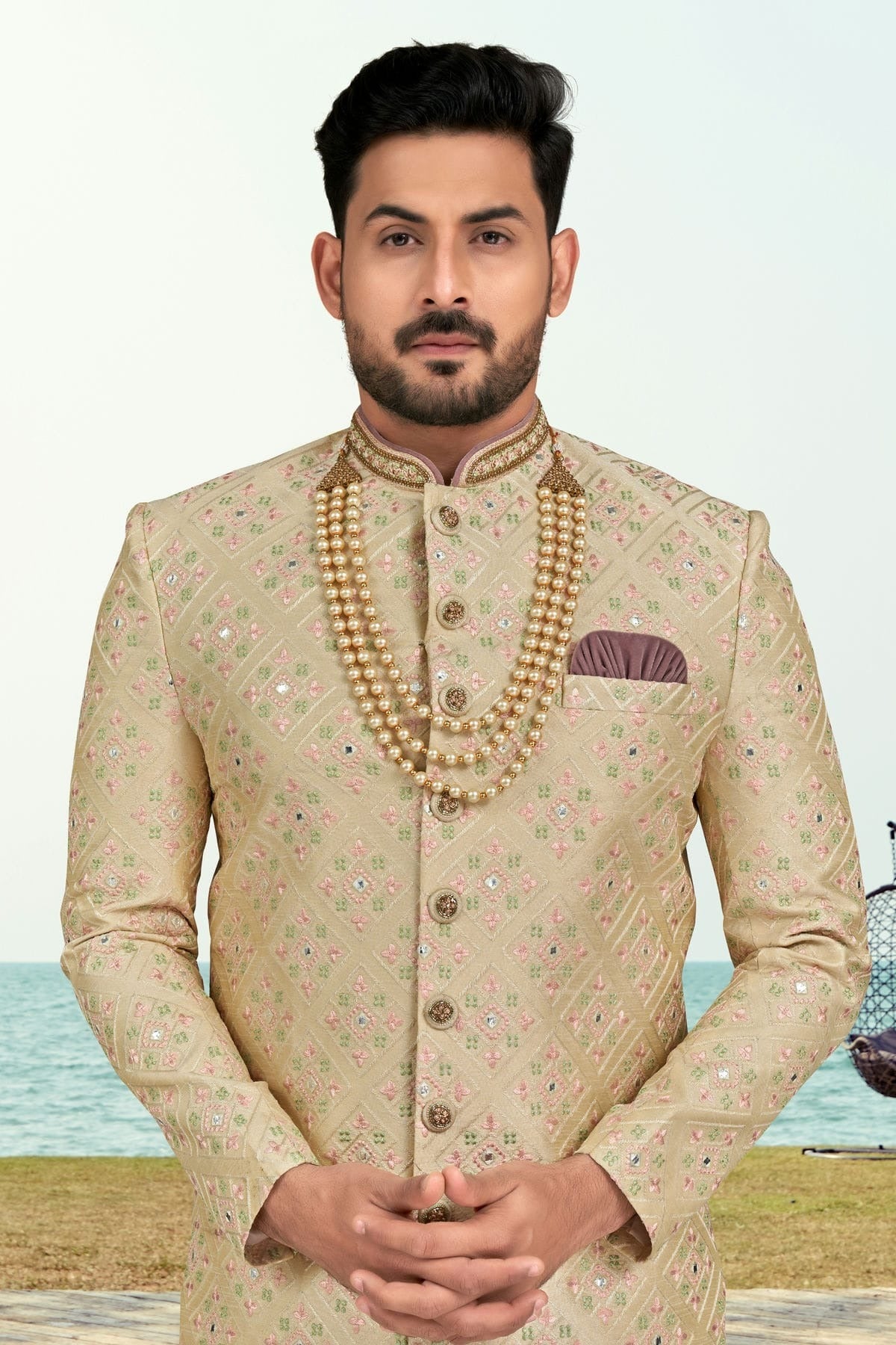 Beige Colour Banarasi Silk Sherwani SH1040516 A