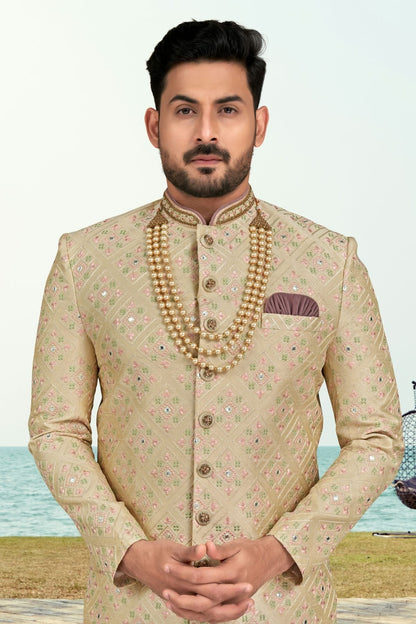 Beige Colour Banarasi Silk Sherwani SH1040516 A