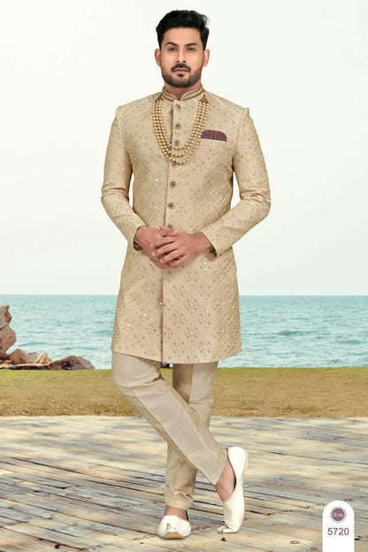 Beige Colour Banarasi Silk Sherwani SH1040516