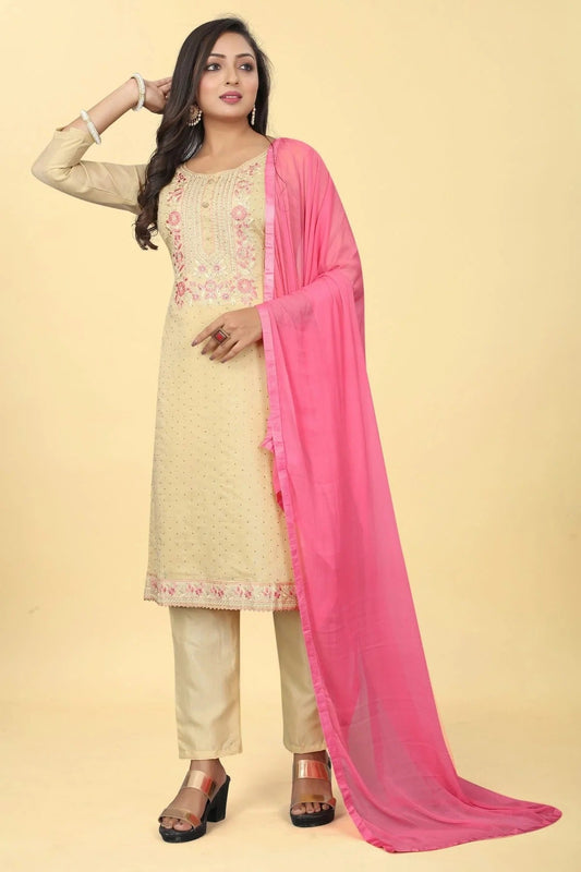 Beige Colour Chanderi Silk Pant Style Suit SM1110613