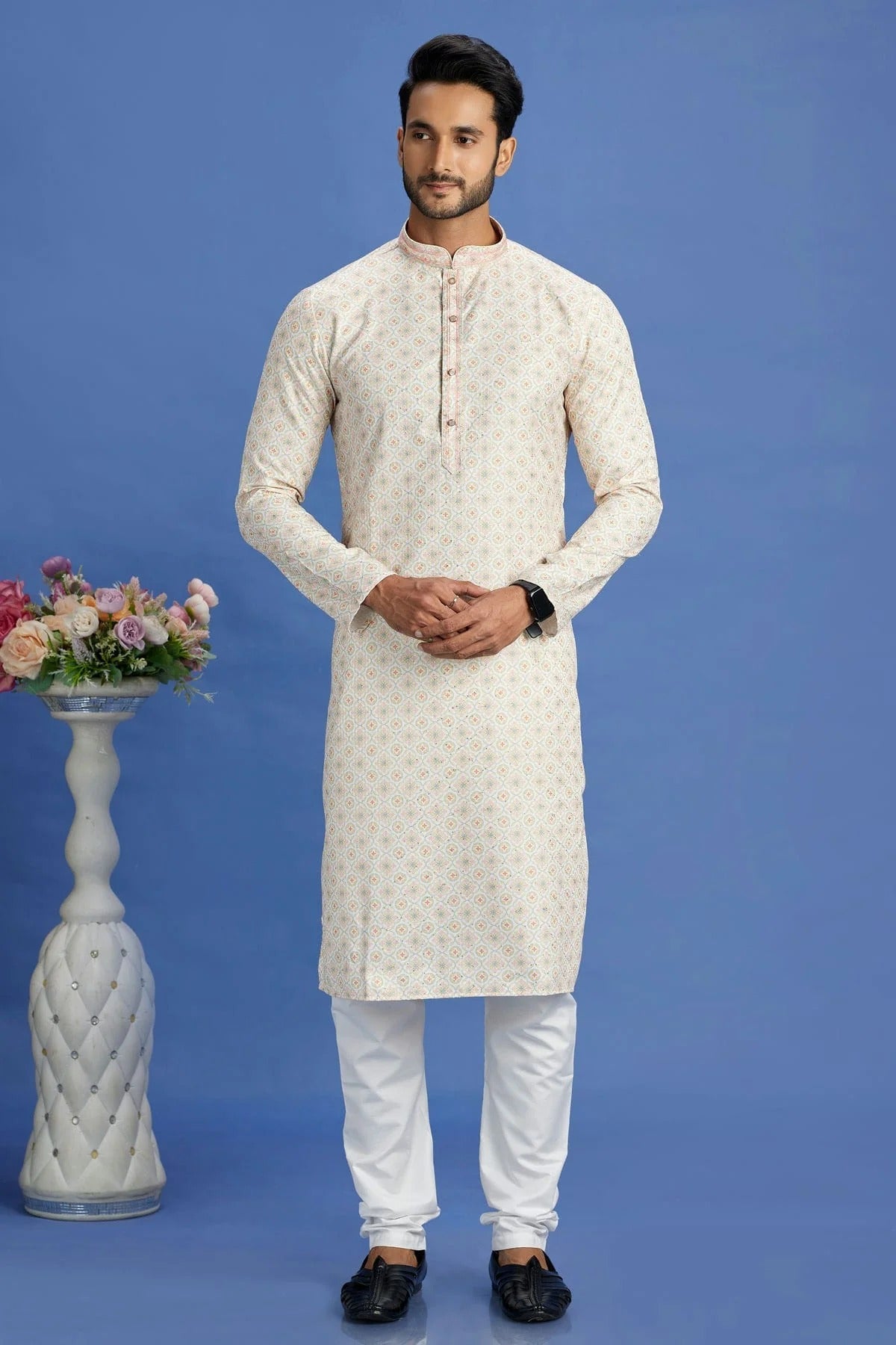 Beige Colour Cotton Pintex Work Kurta Pajama KP1230160