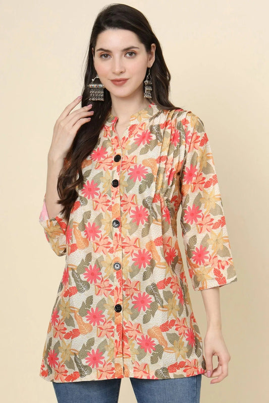 Beige Colour Cotton Printed Work Readymade Top TP1110789