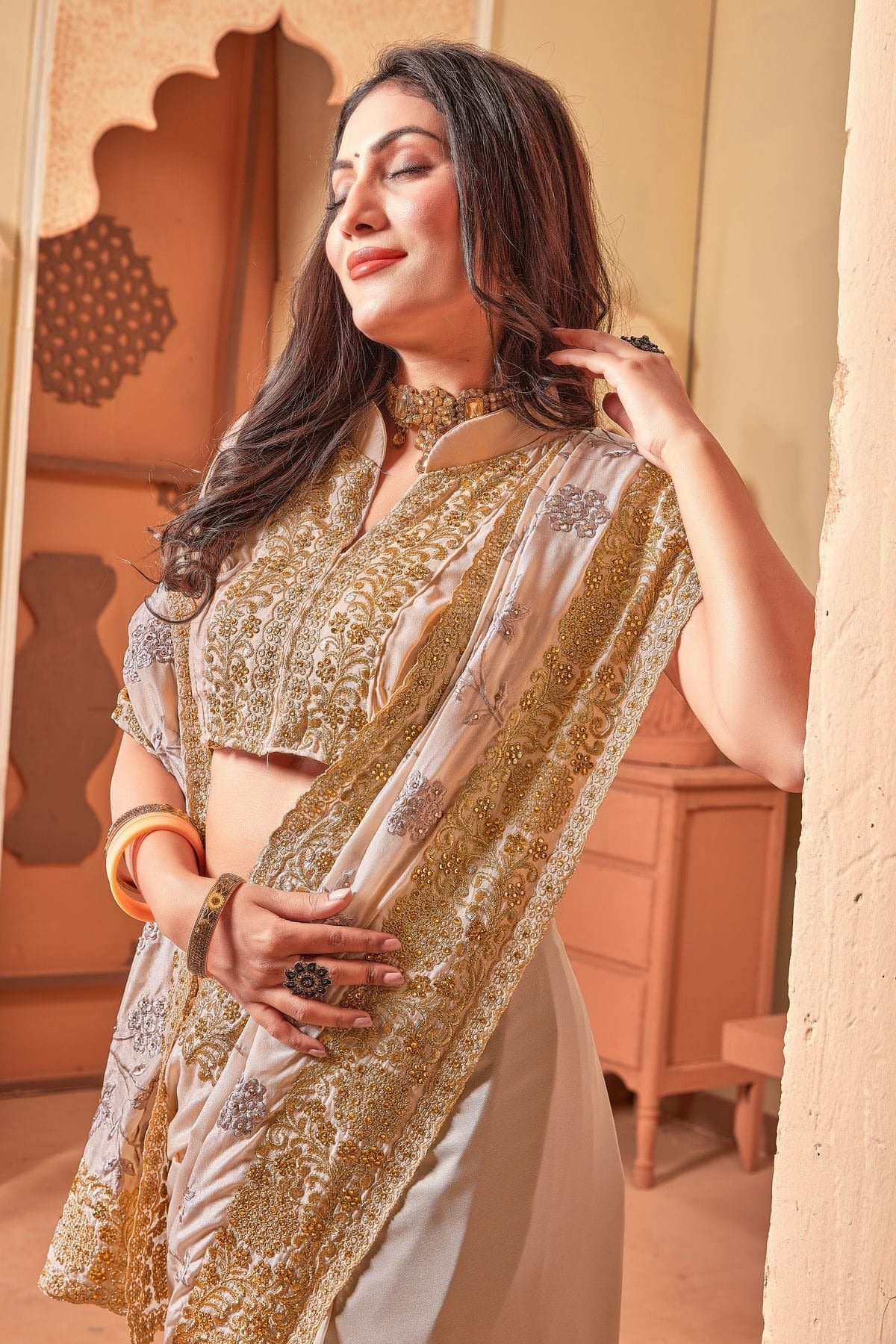 Beige Colour Crepe Silk Designer Saree LC1121505 A