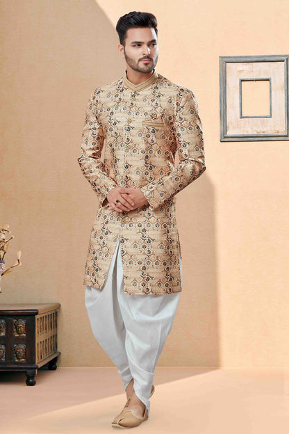 Beige Colour Dhoti Sherwani In Jacquard Fabric SH1040391