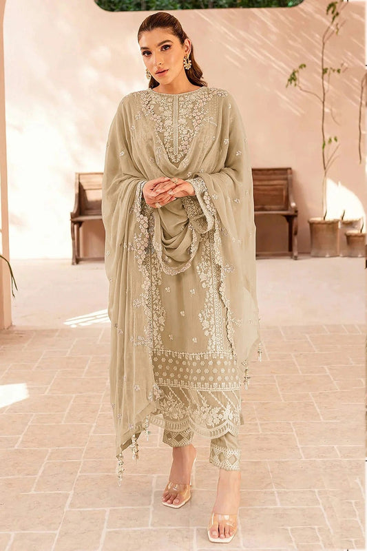Beige Colour Faux Georgette Semi Stitched Pakistani Suit SM1140475
