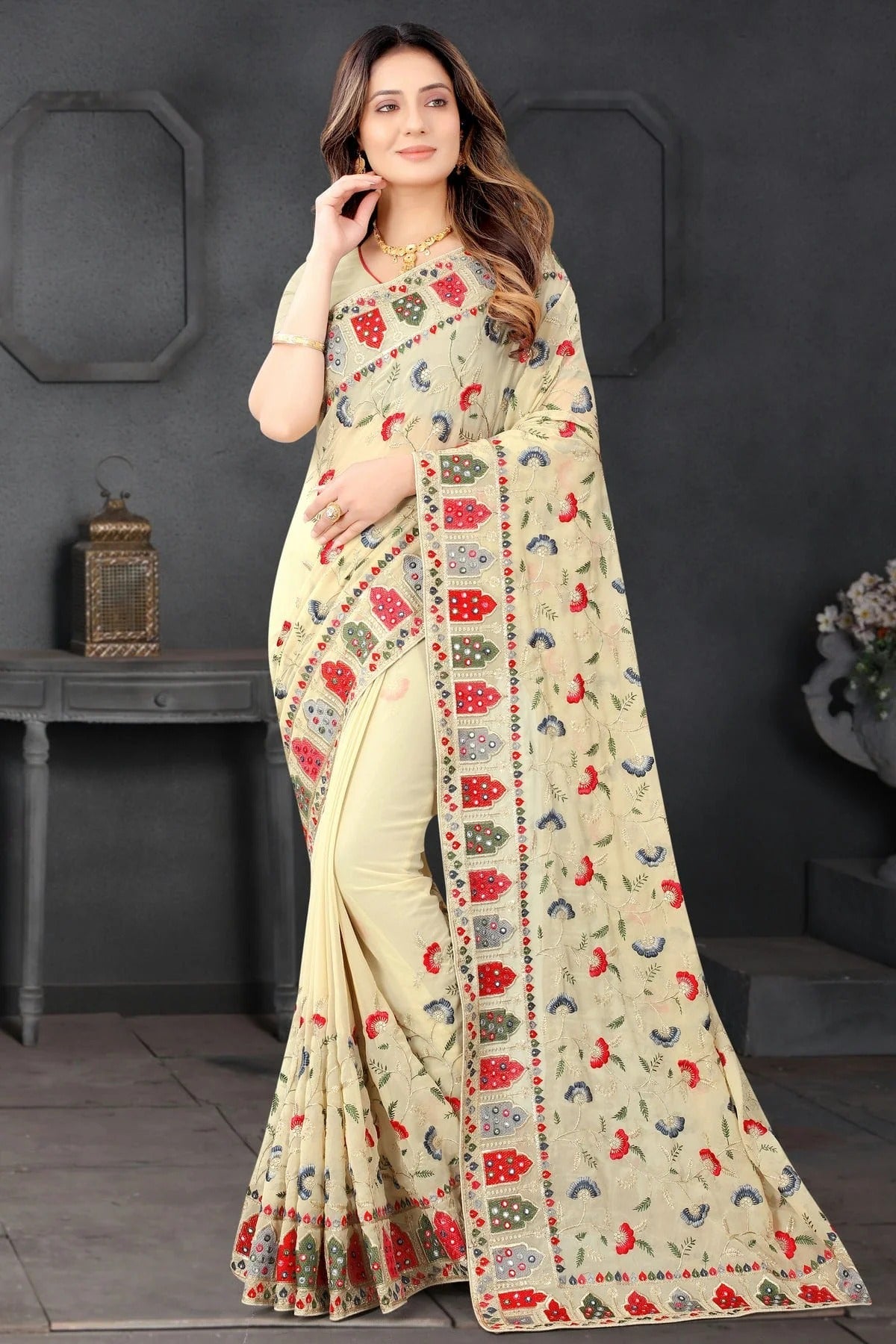Beige Colour Georgette Designer Saree SD1091195