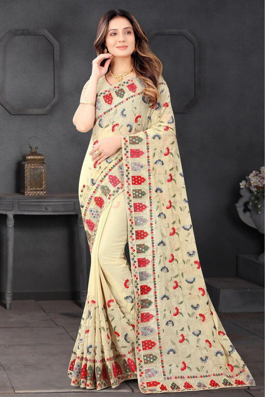Beige Colour Georgette Embroidery Saree SD1090207