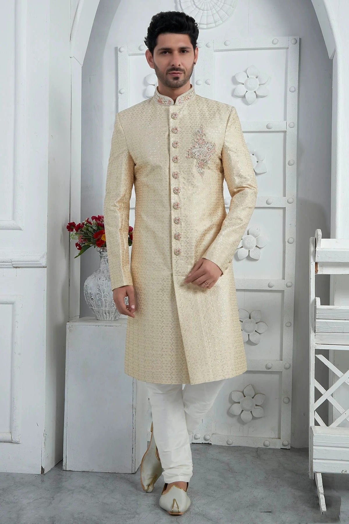 Beige Colour Georgette Sherwani With Churidar Pant SH1230076 A