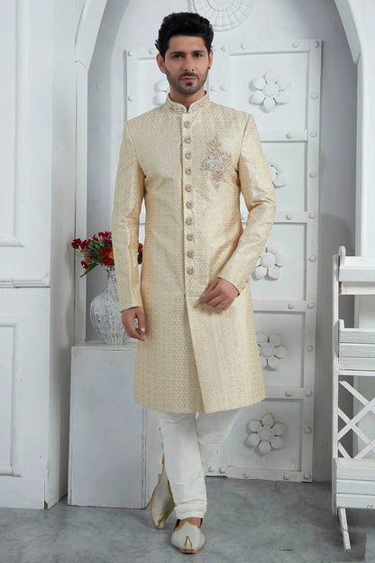 Beige Colour Georgette Sherwani With Churidar Pant SH1230076 A