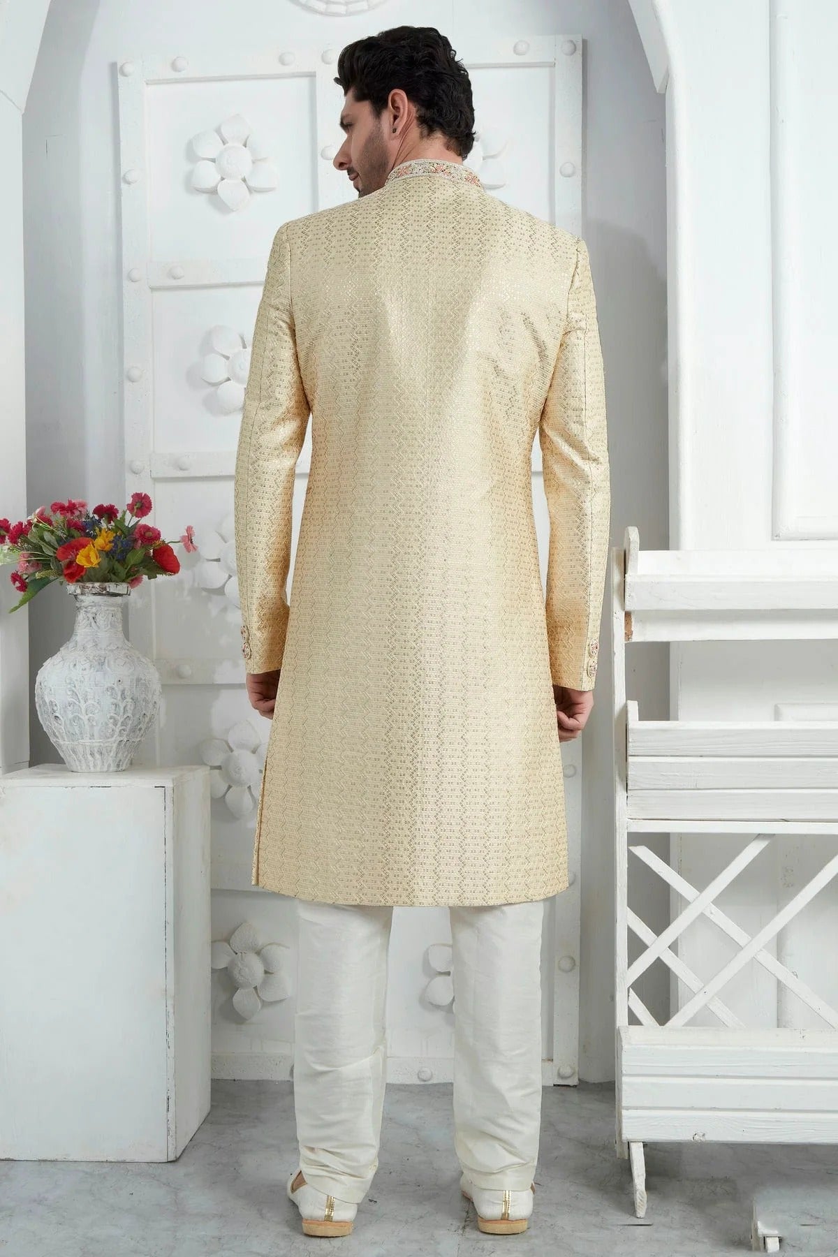 Beige Colour Georgette Sherwani With Churidar Pant SH1230076 B