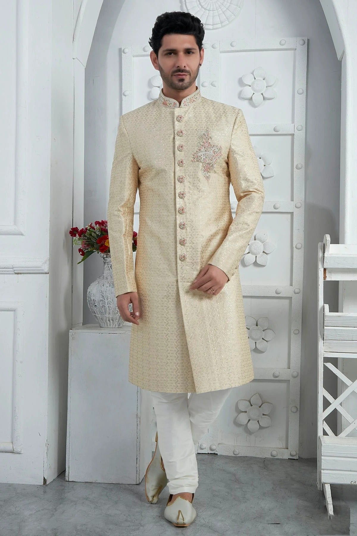 Beige Colour Georgette Sherwani With Churidar Pant SH1230076