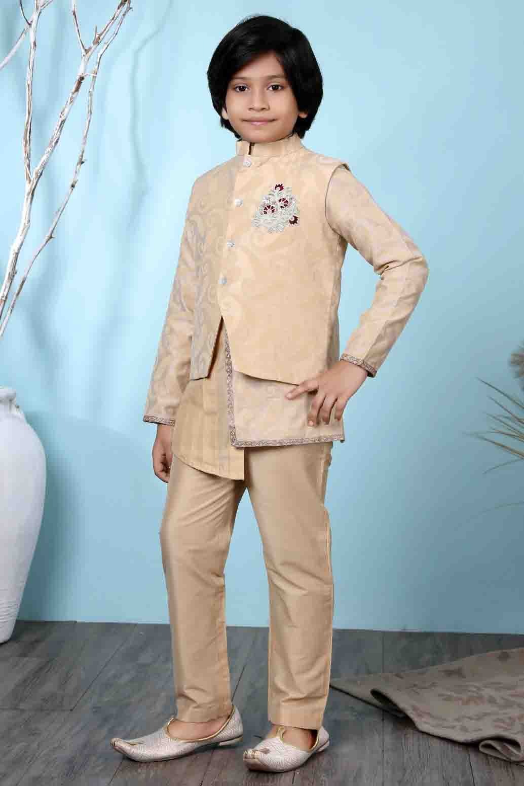Beige Colour Handloom Silk Kurta Pajama With Jacket BW1070100 A