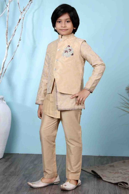 Beige Colour Handloom Silk Kurta Pajama With Jacket BW1070100 A