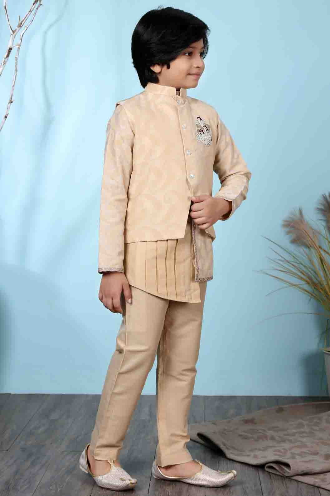 Beige Colour Handloom Silk Kurta Pajama With Jacket BW1070100 B