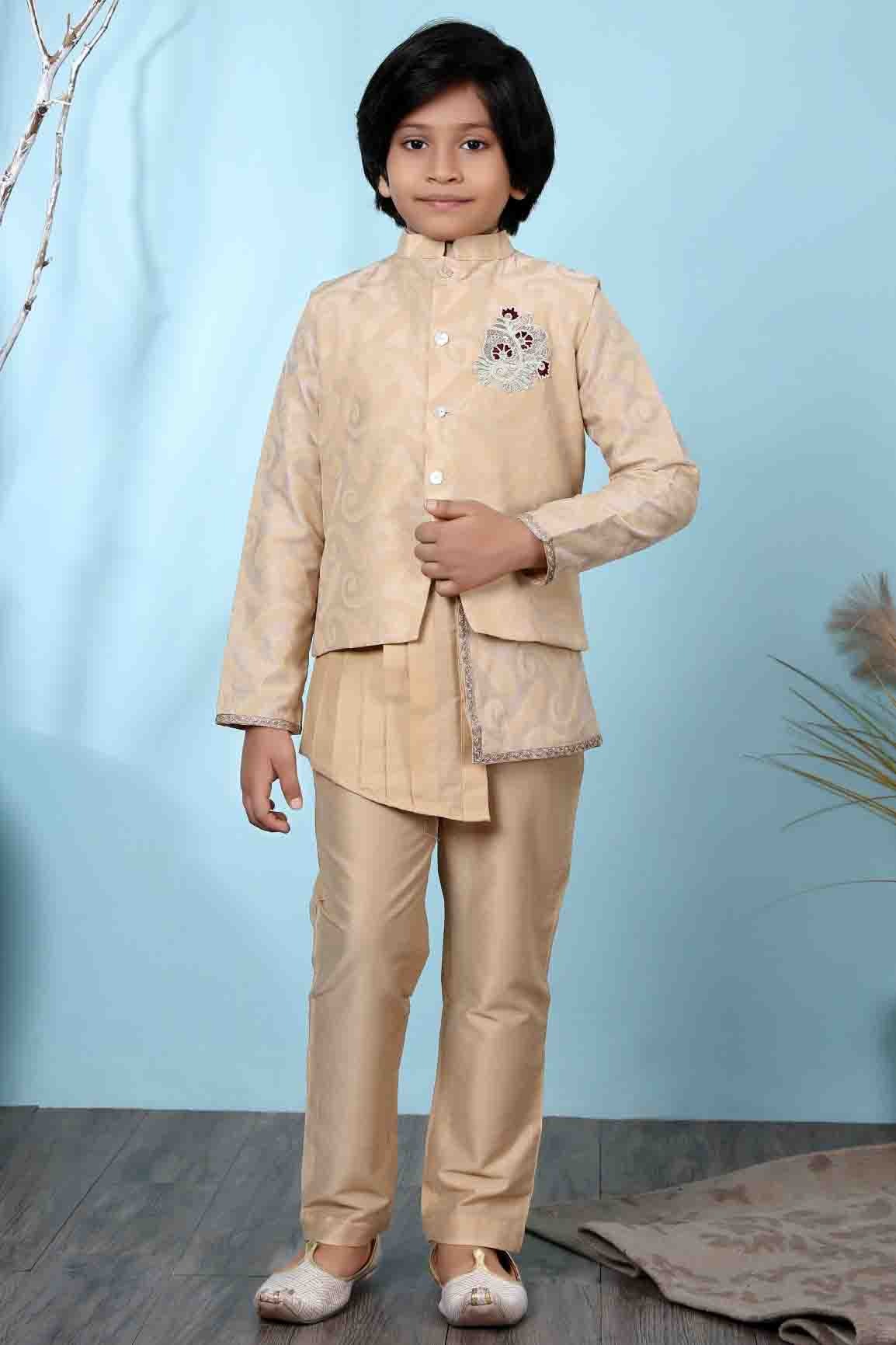 Beige Colour Handloom Silk Kurta Pajama With Jacket BW1070100