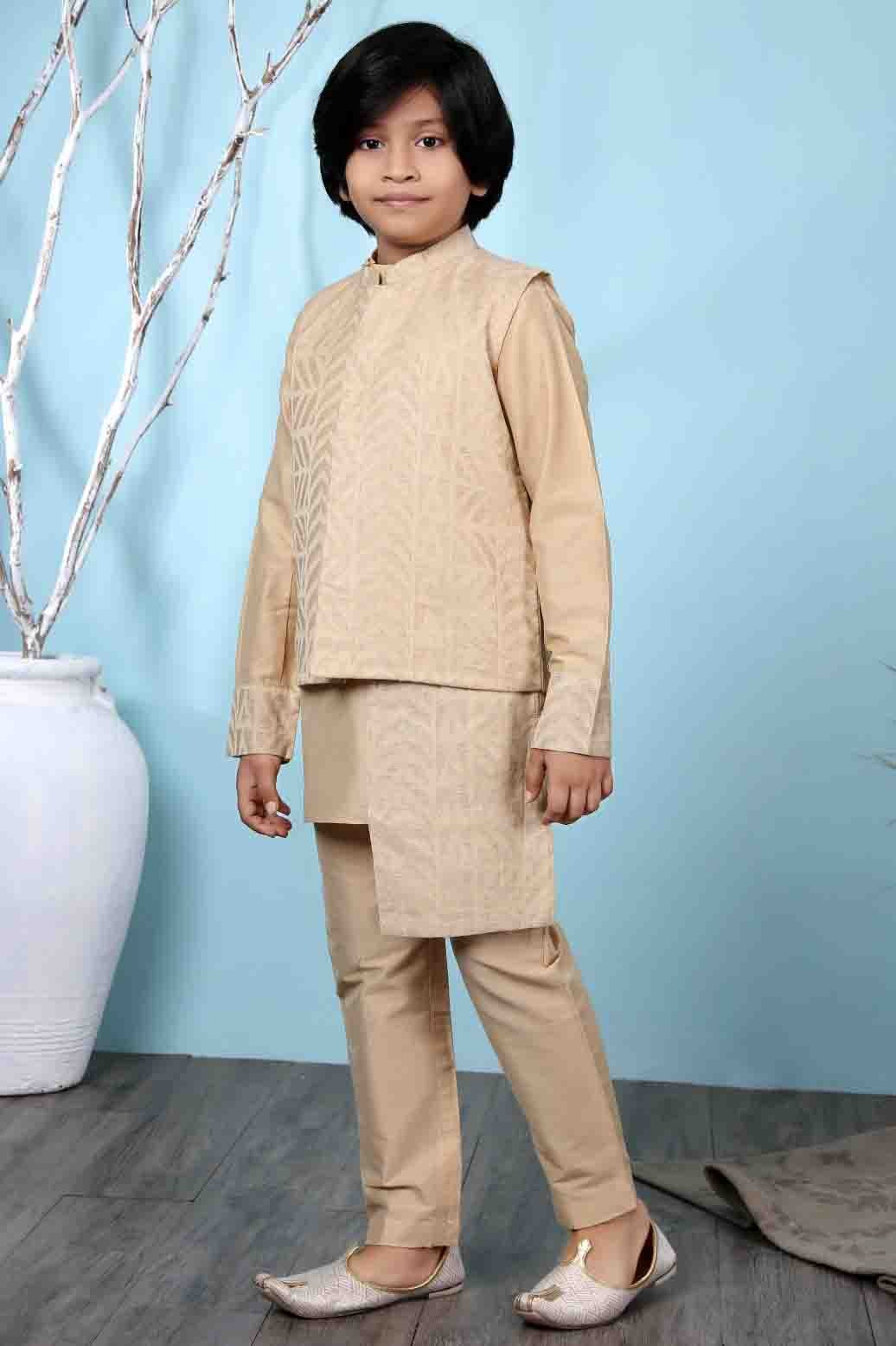Beige Colour Handloom Silk Kurta Pajama With Jacket BW1070101 A