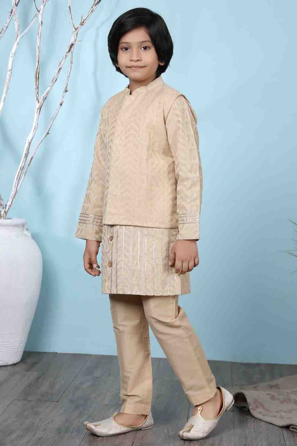 Beige Colour Handloom Silk Kurta Pajama With Jacket BW1070102 A