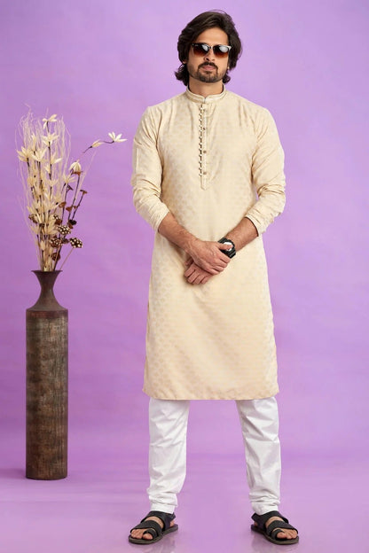 Beige Colour Jacquard Art Silk Pintex Work Kurta Pajama KP1230201 A