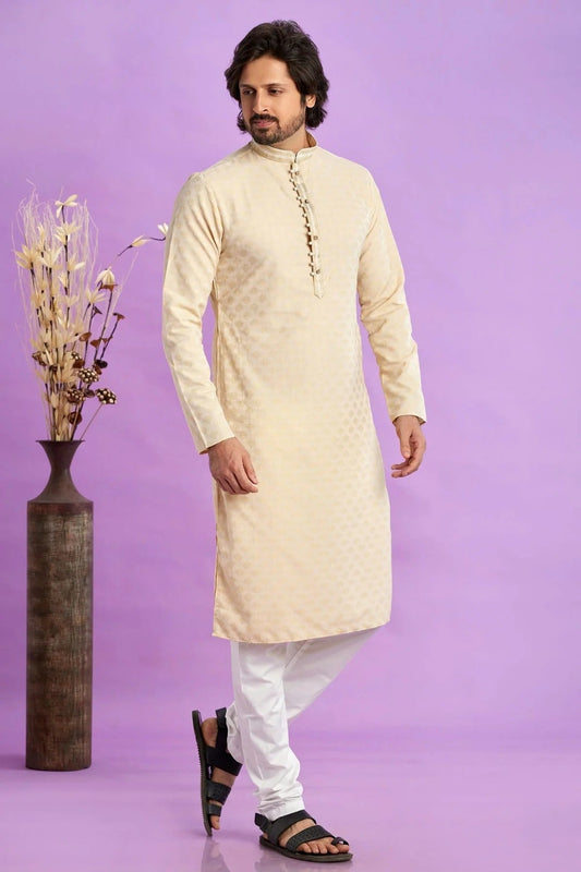 Beige Colour Jacquard Art Silk Pintex Work Kurta Pajama KP1230201