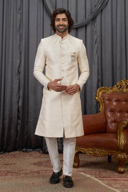 Beige Colour Jacquard Embroidery Work Indo Western Sherwani SH1230596