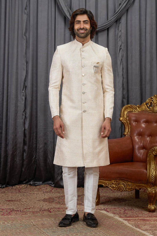 Beige Colour Jacquard Embroidery Work Indo Western Sherwani SH1230596