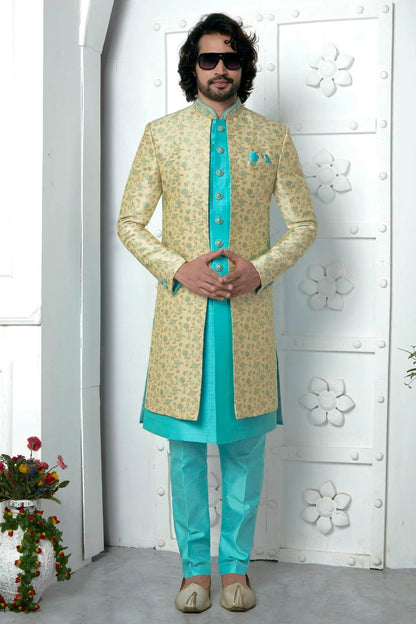 Beige Colour Jacquard Silk Indowestern Sherwani With Aligadhi Pant SH1230043 A
