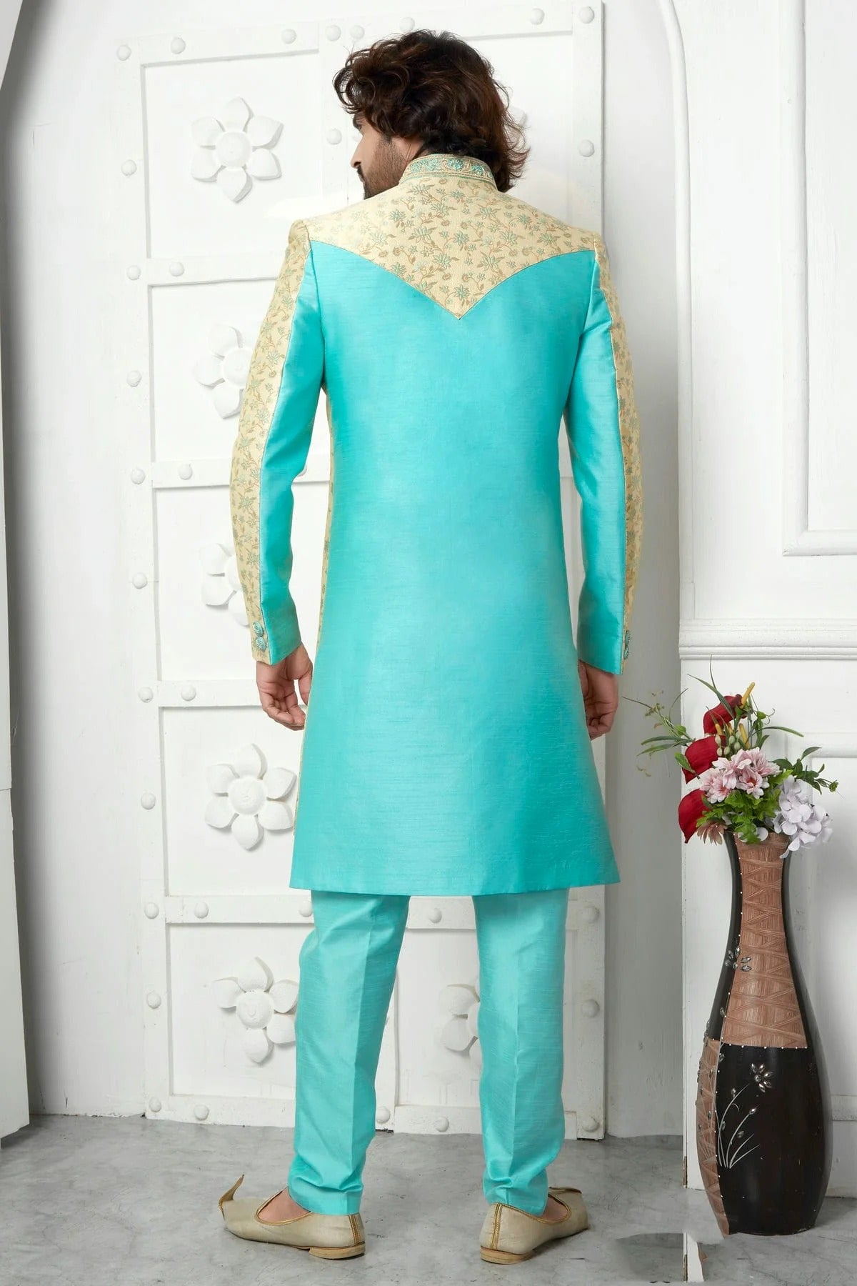 Beige Colour Jacquard Silk Indowestern Sherwani With Aligadhi Pant SH1230043 B