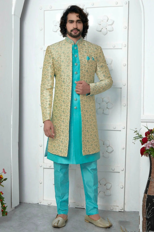 Beige Colour Jacquard Silk Indowestern Sherwani With Aligadhi Pant SH1230043