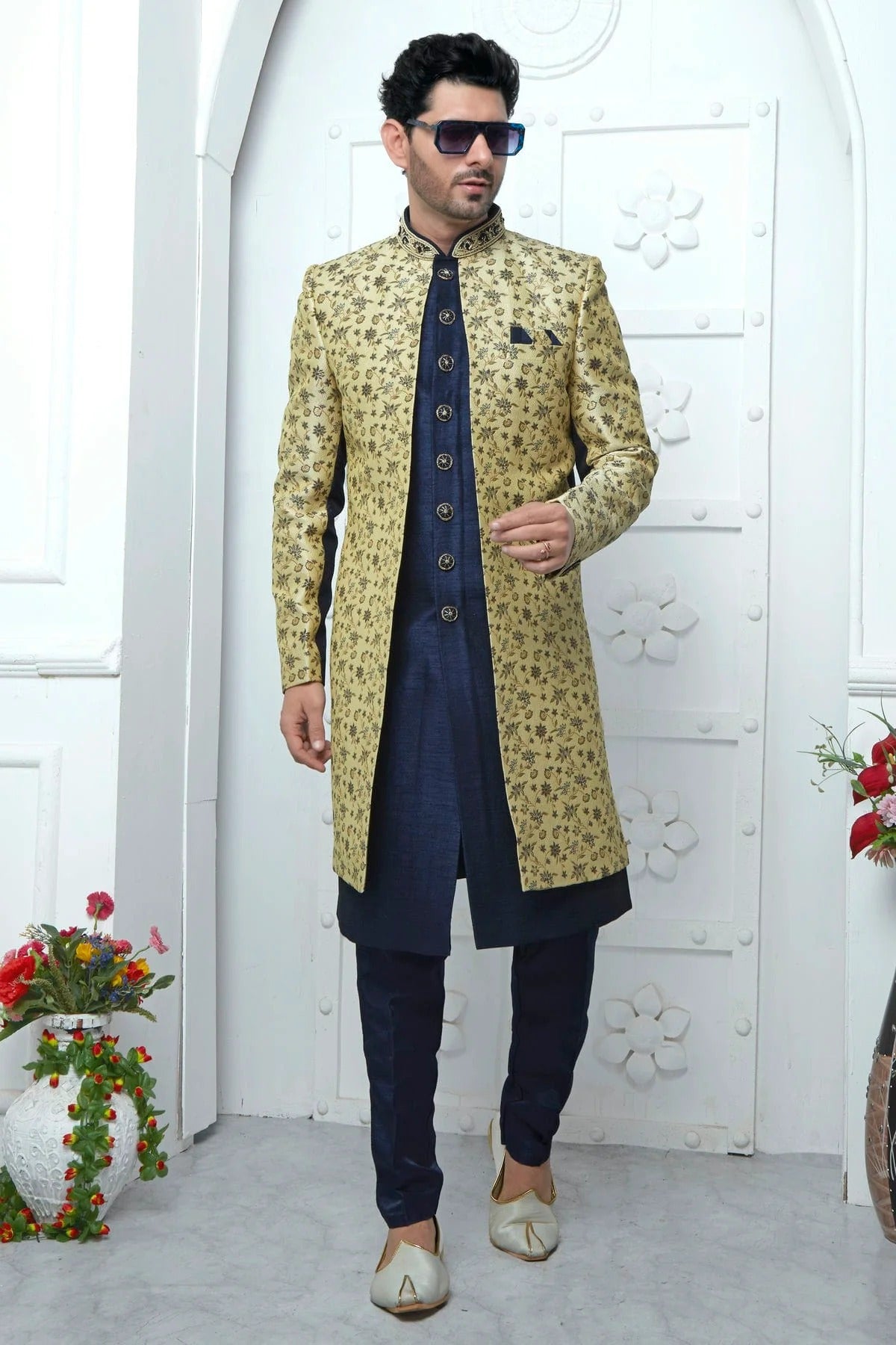 Beige Colour Jacquard Silk Indowestern Sherwani With Aligadhi Pant SH1230044 A