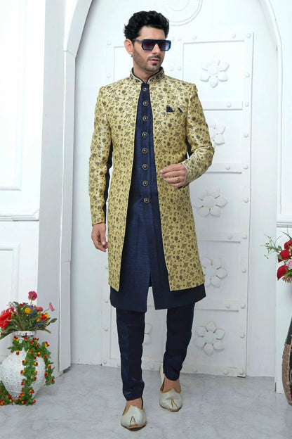 Beige Colour Jacquard Silk Indowestern Sherwani With Aligadhi Pant SH1230044 A
