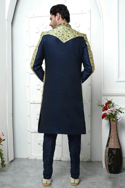 Beige Colour Jacquard Silk Indowestern Sherwani With Aligadhi Pant SH1230044 B