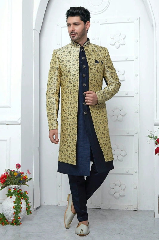 Beige Colour Jacquard Silk Indowestern Sherwani With Aligadhi Pant SH1230044