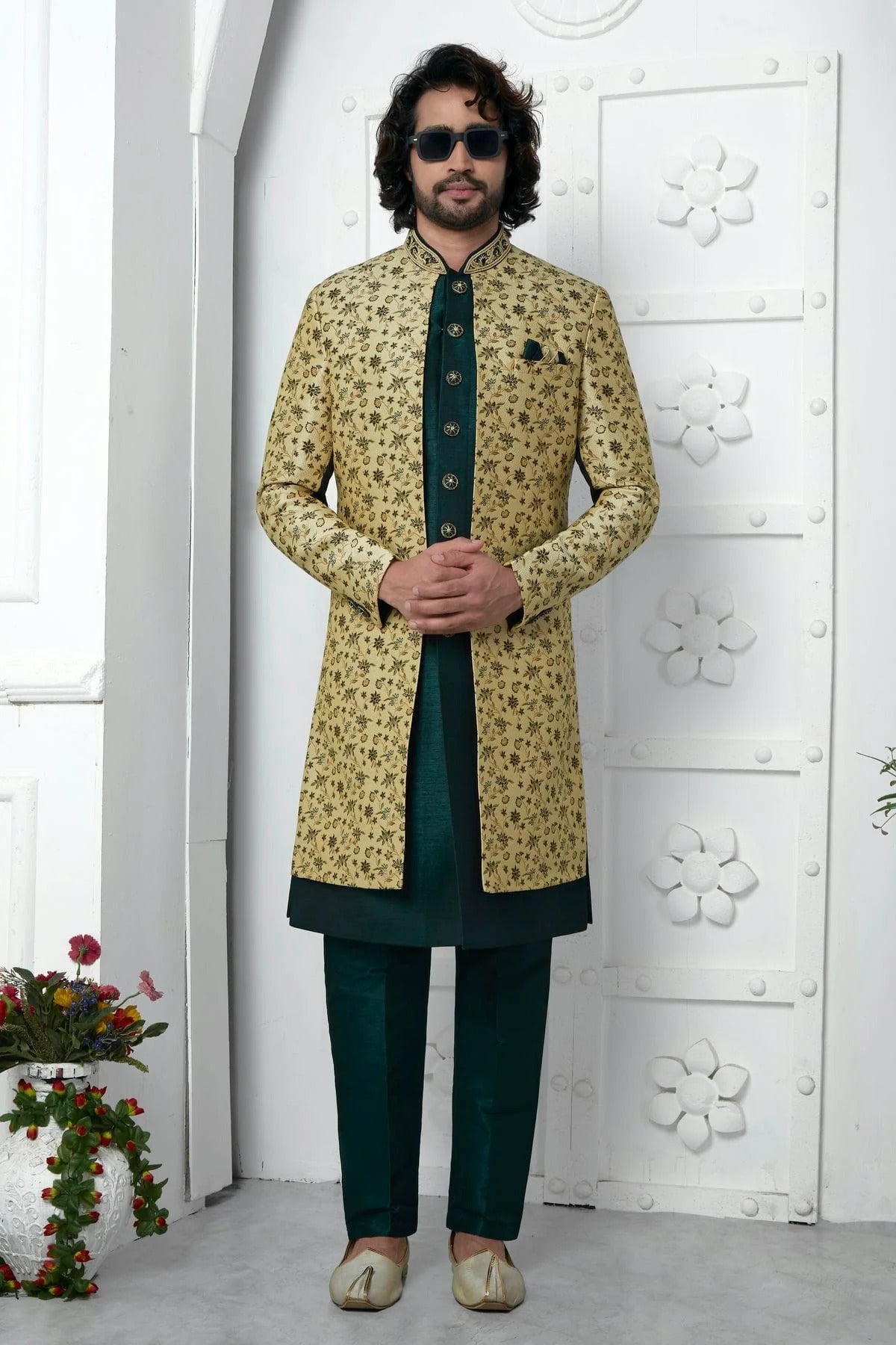 Beige Colour Jacquard Silk Indowestern Sherwani With Aligadhi Pant SH1230045 A