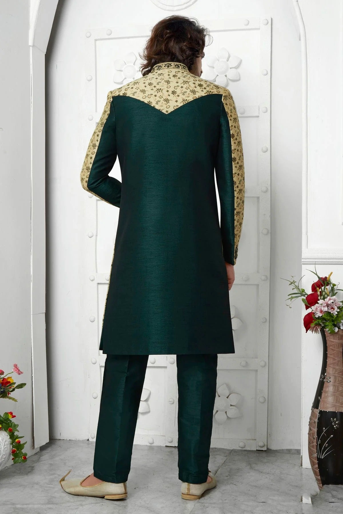 Beige Colour Jacquard Silk Indowestern Sherwani With Aligadhi Pant SH1230045 B